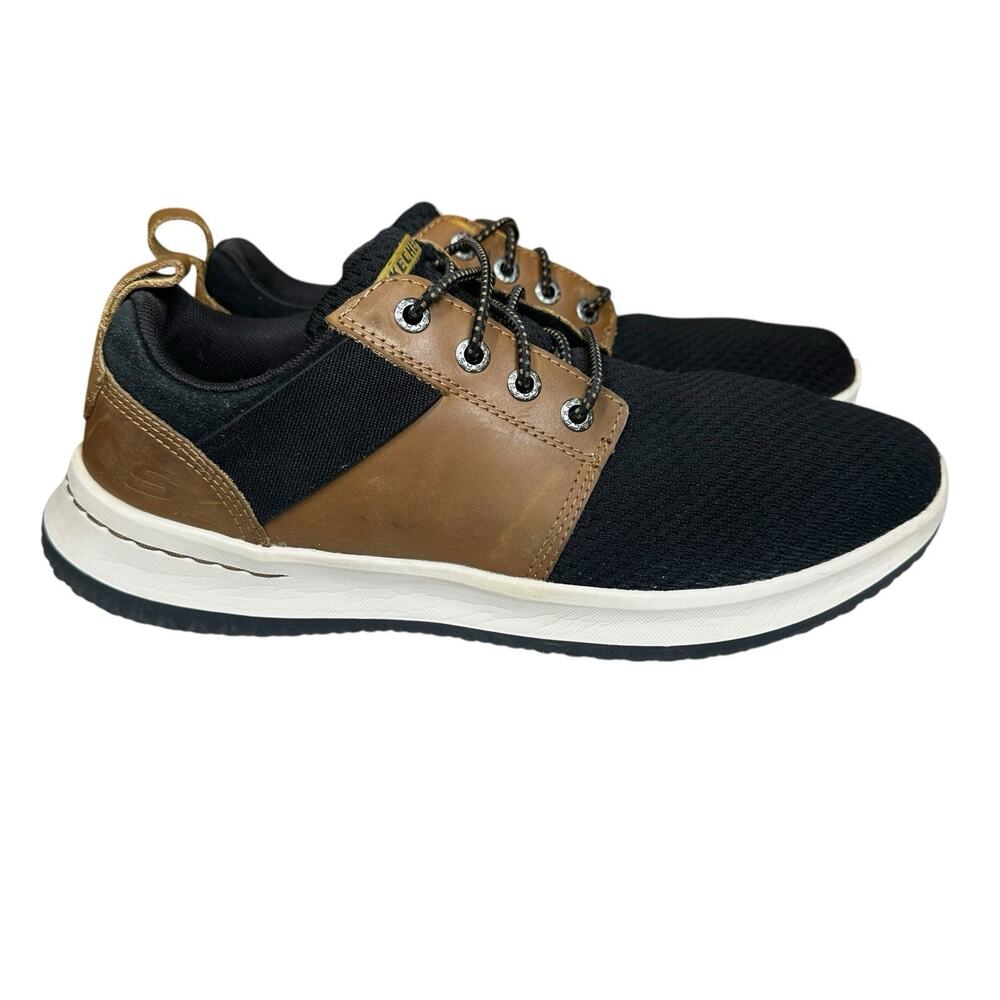 Skechers Delson Brant 65642 Mens 9.5 Black Mesh Brown Leather Knit Shoe Sneakers